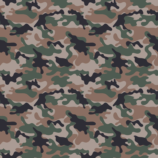 Camouflage pattern featuring green, brown, beige, and black abstract shapes, resembling a traditional military design.
