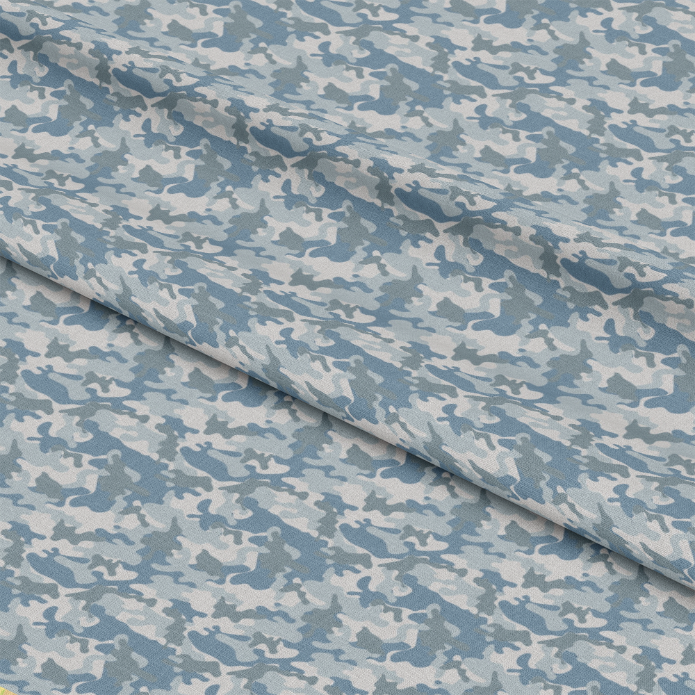 - Military Camouflage Pattern 2 Quilting Cotton Fabric  
- Camouflage design  
- Blue, gray, white colors  
- Quilting fabric  
- Cotton textile  
- Yardage material  
- Soft texture  
- Durable fabric  
- Continuous fabric length  
- American made fabric