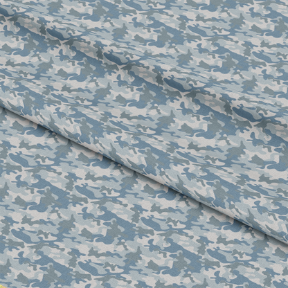 - Military Camouflage Pattern 2 Quilting Cotton Fabric  
- Camouflage design  
- Blue, gray, white colors  
- Quilting fabric  
- Cotton textile  
- Yardage material  
- Soft texture  
- Durable fabric  
- Continuous fabric length  
- American made fabric