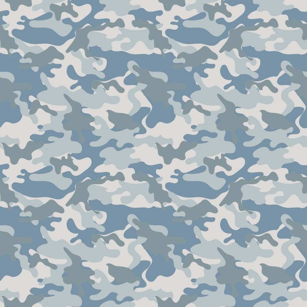 Blue and gray camouflage pattern with abstract shapes.