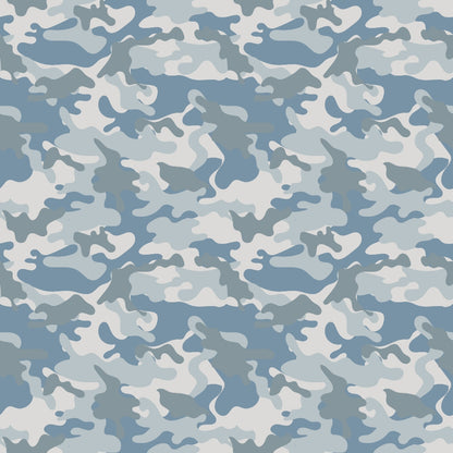 Blue and gray camouflage pattern with abstract shapes.