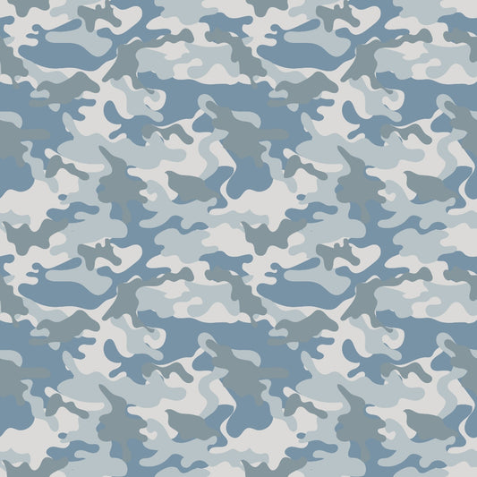 Blue and gray camouflage pattern with abstract shapes.