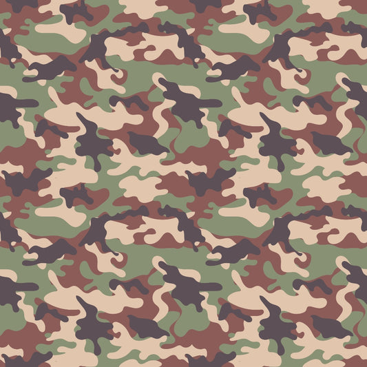 Camouflage pattern with green, brown, beige, and black abstract shapes, forming a repetitive design.