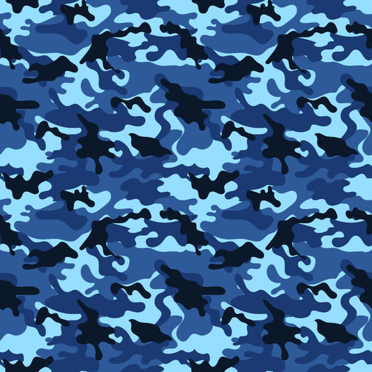 Blue and black camouflage pattern with organic, irregular shapes.