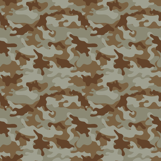 A camouflage pattern with irregular shapes in shades of green, brown, and beige.
