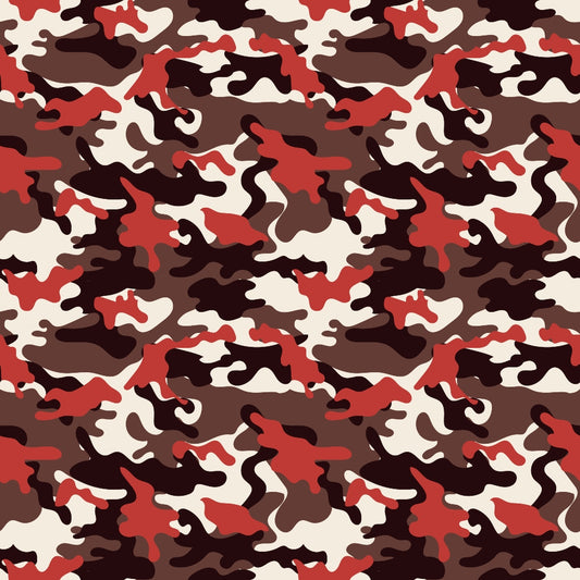 A seamless camouflage pattern with irregular shapes in red, brown, and cream colors.