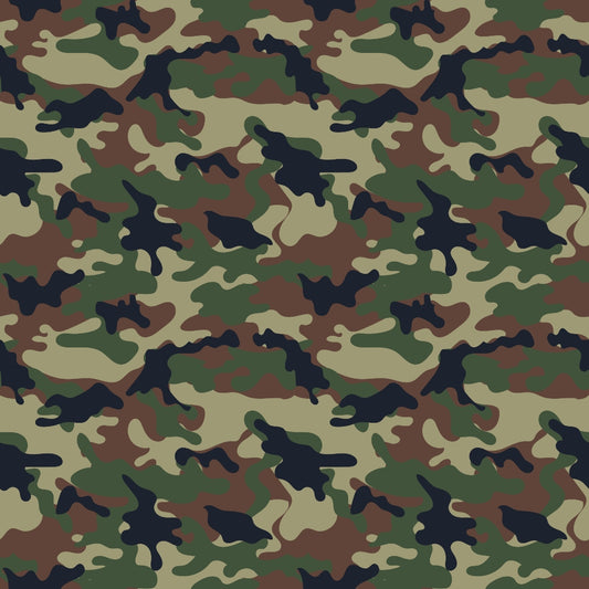 Green, brown, and black camouflage pattern with abstract shapes.