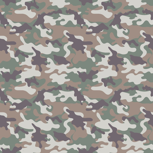 Camouflage pattern with shades of green, brown, gray, and beige forming irregular shapes.