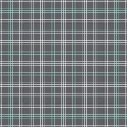 A plaid pattern with dark gray, white, and light blue stripes forming a grid.