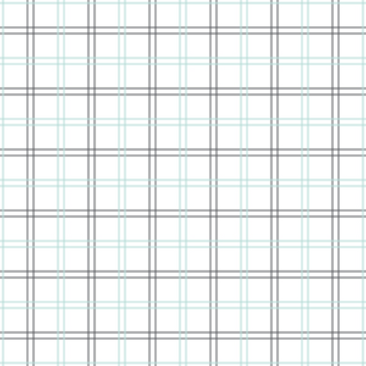 A light plaid pattern with intersecting gray and light blue lines on a white background.