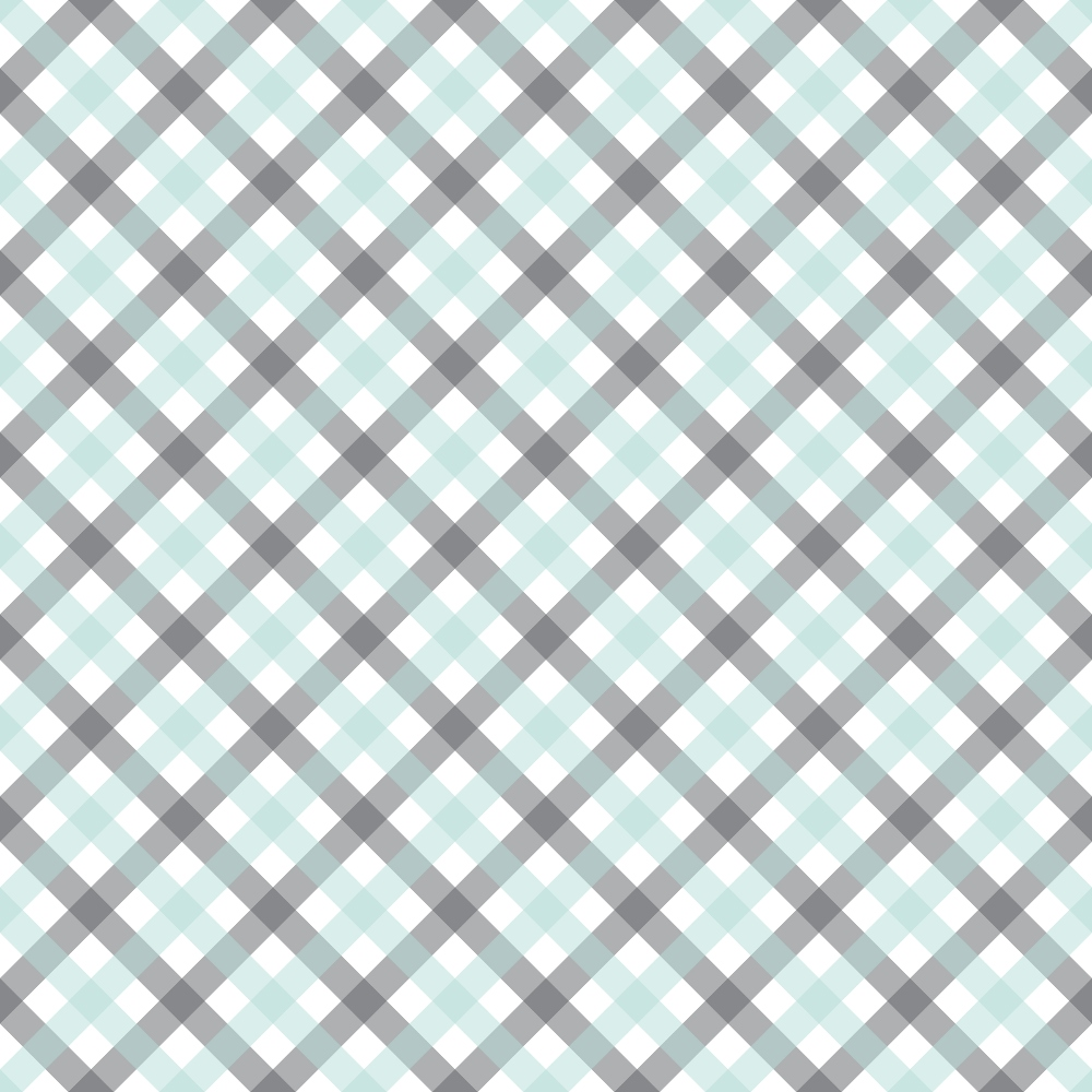 A seamless plaid pattern with alternating gray, black, and light blue squares on a white background.