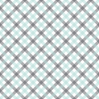 A seamless plaid pattern with alternating gray, black, and light blue squares on a white background.