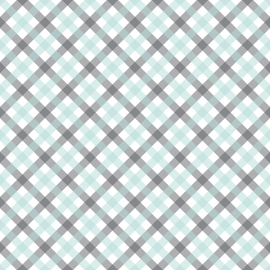 A seamless plaid pattern with alternating gray, black, and light blue squares on a white background.