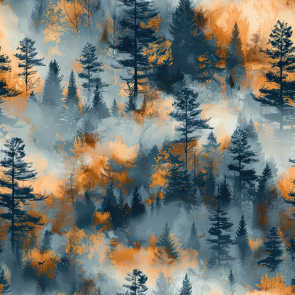 A digital illustration of a forest with blue and orange hues, featuring tall trees and a misty atmosphere.