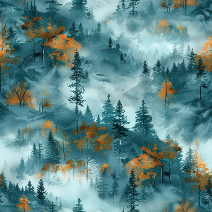 A misty landscape featuring evergreen trees and trees with orange leaves, shrouded in fog, creating a layered effect.