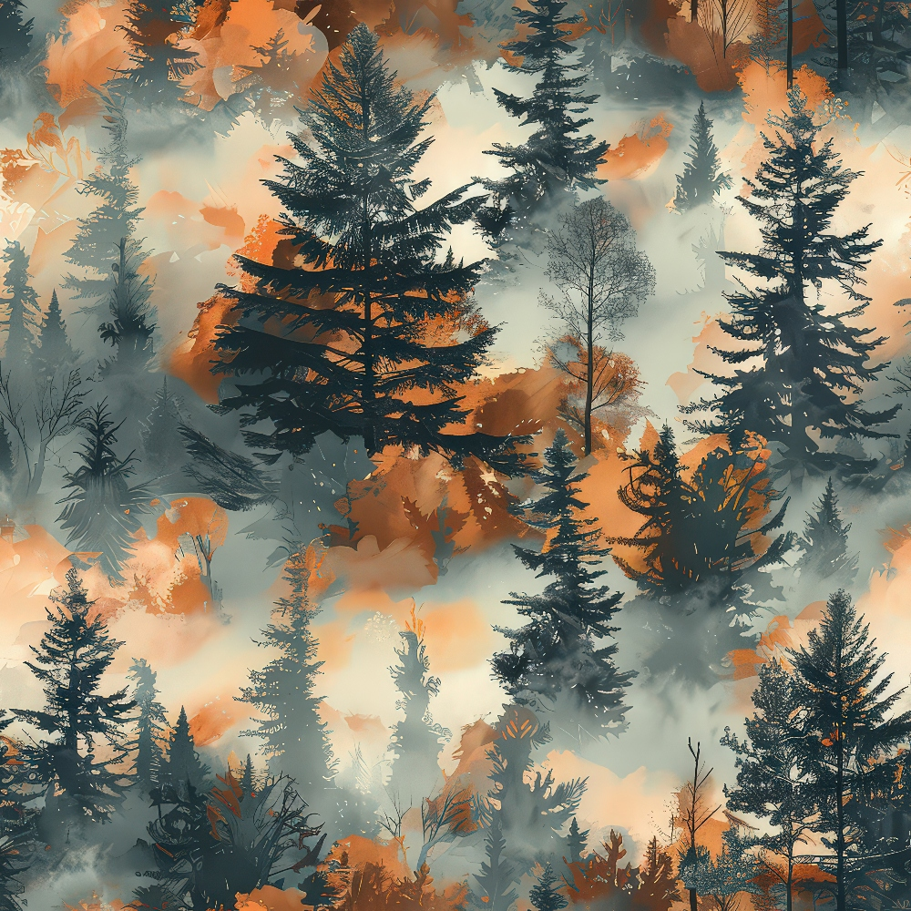 Seamless pattern of forest landscape with evergreen trees and autumn foliage in shades of orange, green, and gray.