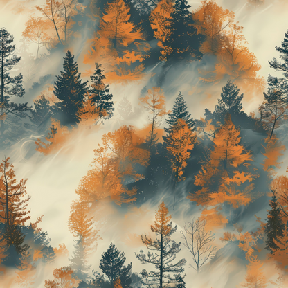 Pattern of trees with orange and dark green foliage against a misty background.