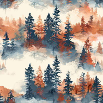 Illustration of a forest with tall trees in blue and orange hues, surrounded by mist and soft abstract textures.