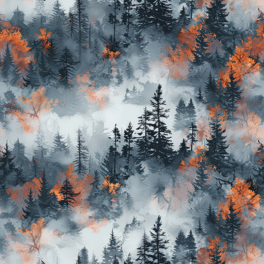 A misty forest features densely packed trees with vibrant orange foliage contrasted by dark evergreens, creating a serene and atmospheric scene.