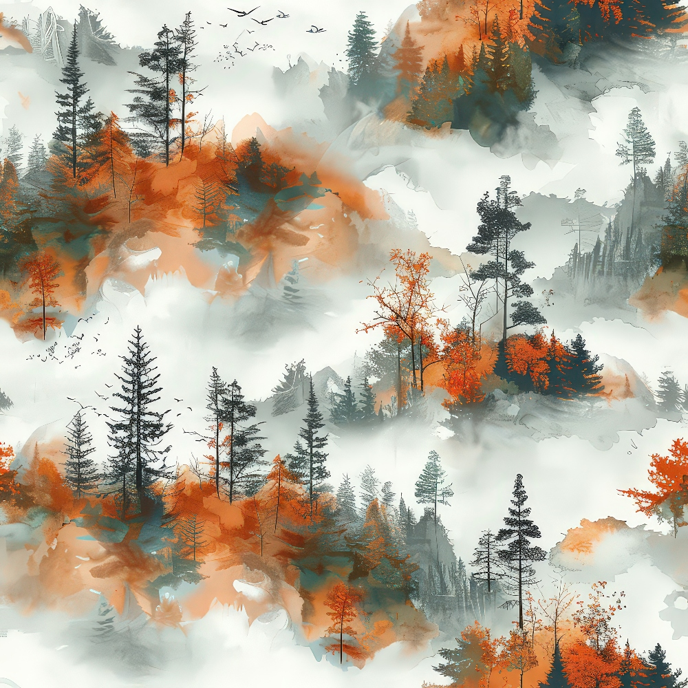 Watercolor landscape of autumn trees with orange and green foliage, surrounded by mist and distant birds in a layered pattern.