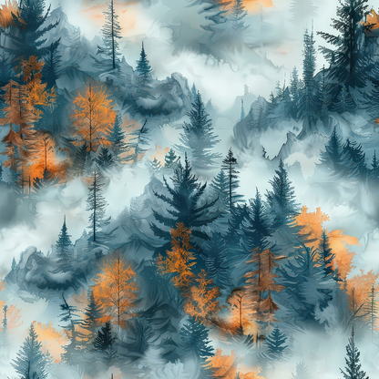 Digital artwork featuring a forest with tall coniferous and deciduous trees in autumn colors, surrounded by mist.