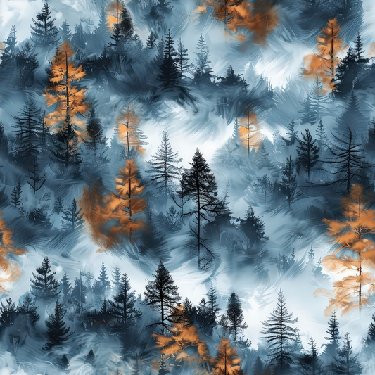 Pattern of coniferous trees with swirling blue, gray, and orange hues, creating a misty, atmospheric effect.