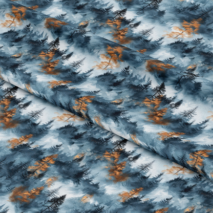 - Misty Morning Mountains Pattern 6 Quilting Cotton Fabric  
- Blue, gray, orange, black  
- Nature, woodland, trees  
- Abstract, scenic, textured  
- Cotton, quilting, fabric, textile  
- Landscape, mist, artistic, soft  
- Autumn, forest, natural, handmade