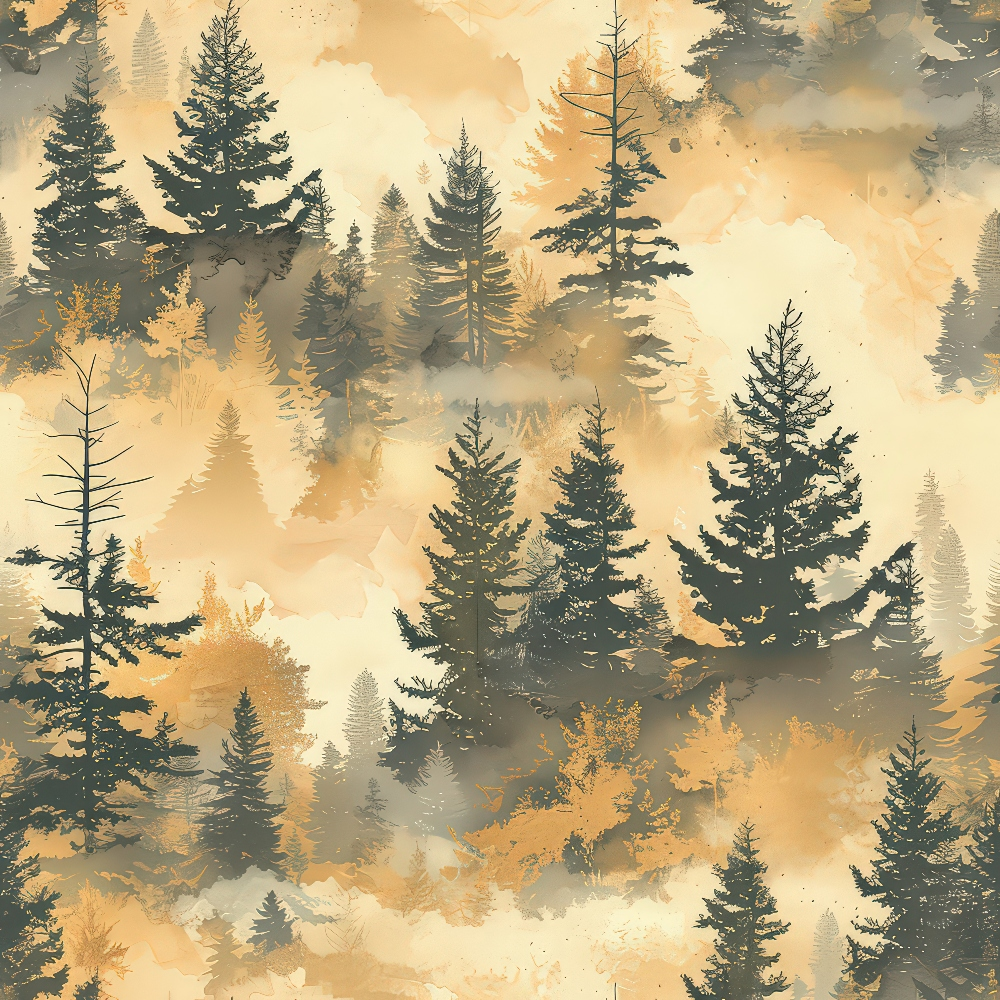 Illustrated forest scene with various trees in shades of green and gold, creating a layered effect with watercolor textures.