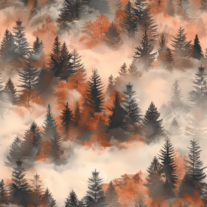 Illustration of a foggy forest with evergreen and deciduous trees in fall colors, featuring orange and brown leaves scattered among misty surroundings.