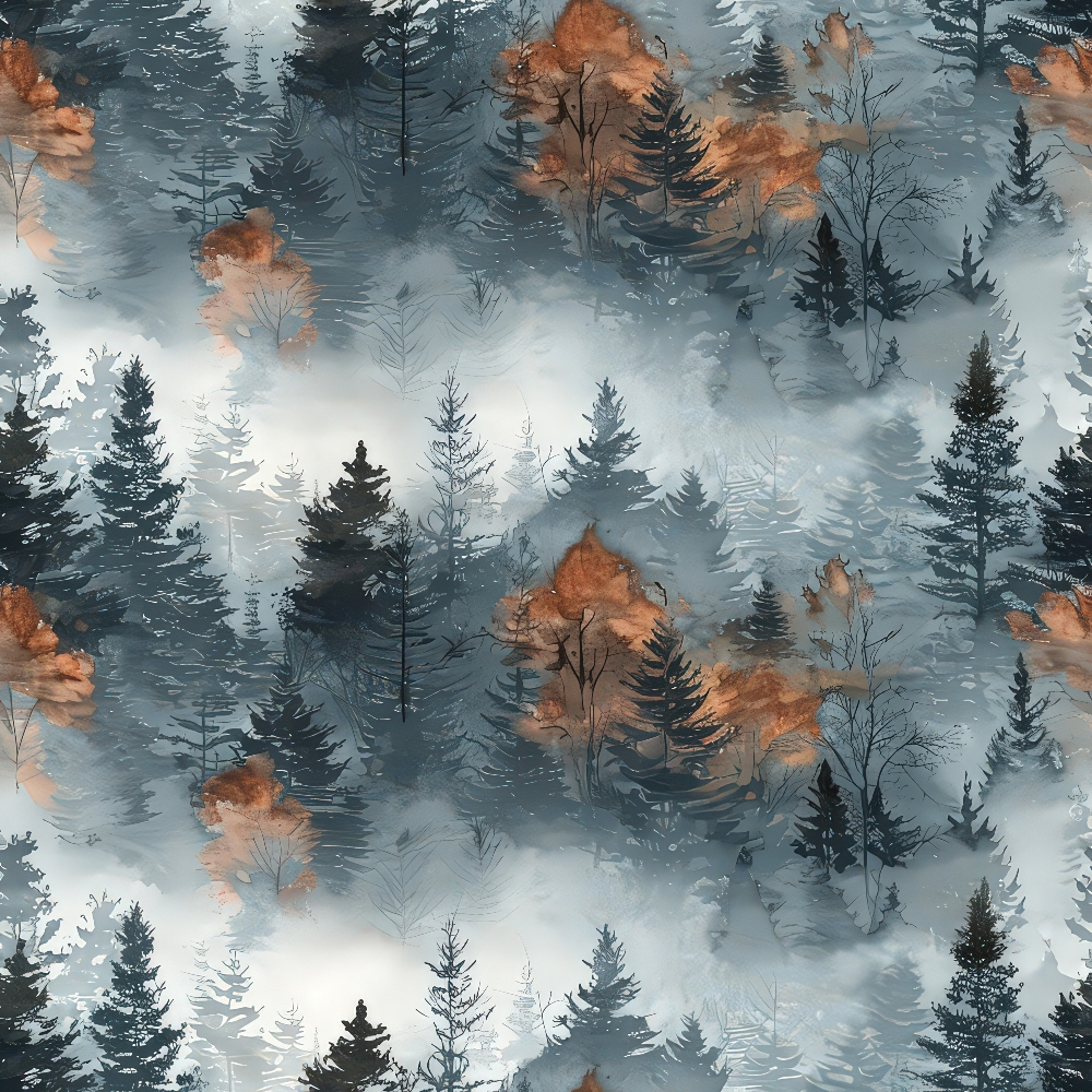 Pattern of misty forest with tall evergreen trees and patches of brown foliage, creating a serene and atmospheric design.