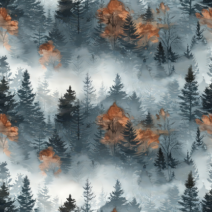 Pattern of misty forest with tall evergreen trees and patches of brown foliage, creating a serene and atmospheric design.