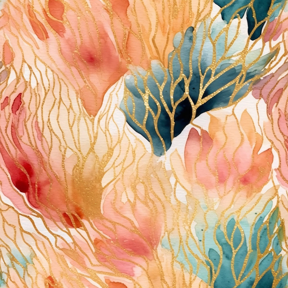 Abstract watercolor painting with flowing patterns in shades of pink, orange, blue, and gold. The design resembles organic shapes and fluid movements.