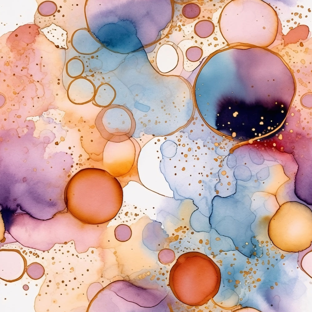 Abstract watercolor painting with overlapping circles in shades of purple, blue, and orange, outlined in gold.