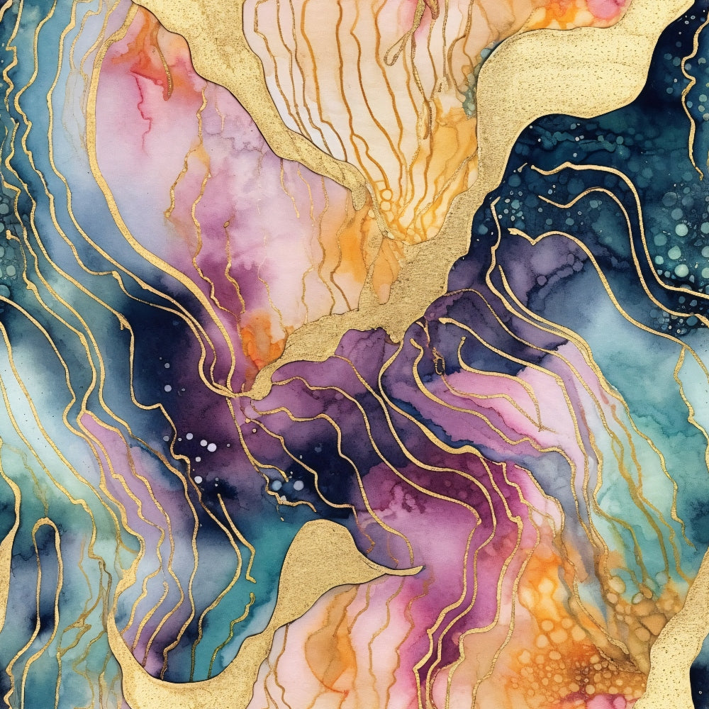 Abstract watercolor art with vibrant swirls of purple, pink, orange, and teal, accented by gold lines throughout the composition.