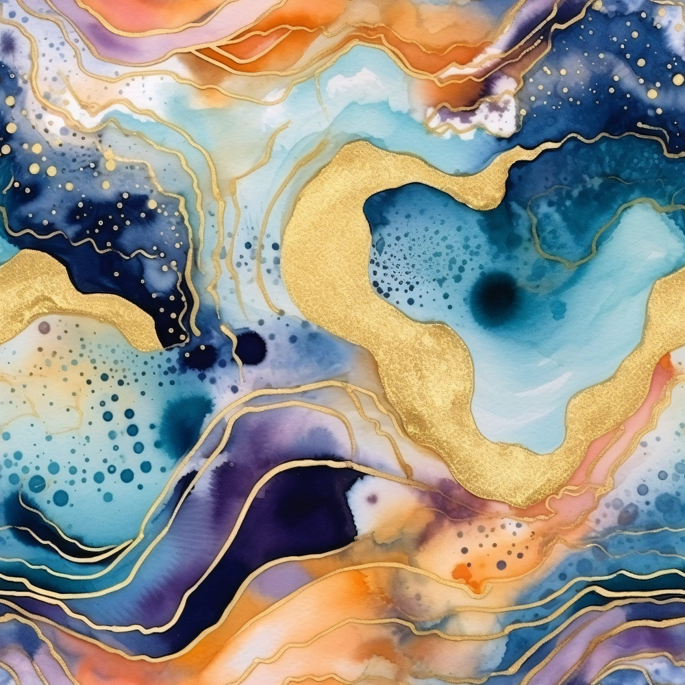 Abstract artwork with flowing patterns in blue, orange, and gold. Includes swirling shapes and speckles, resembling a marbled or fluid design.