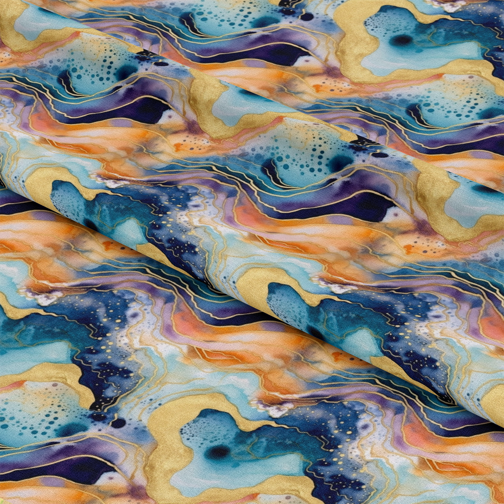 Modern Alcohol Ink Pattern 13 Quilting Cotton Fabric featuring abstract fluid design, swirling shapes, rich blues, gold accents, peach tones, soft texture, premium quilting cotton, artistic textile, smooth finish, vibrant colors, creative pattern, high-quality fabric suitable for quilting projects.