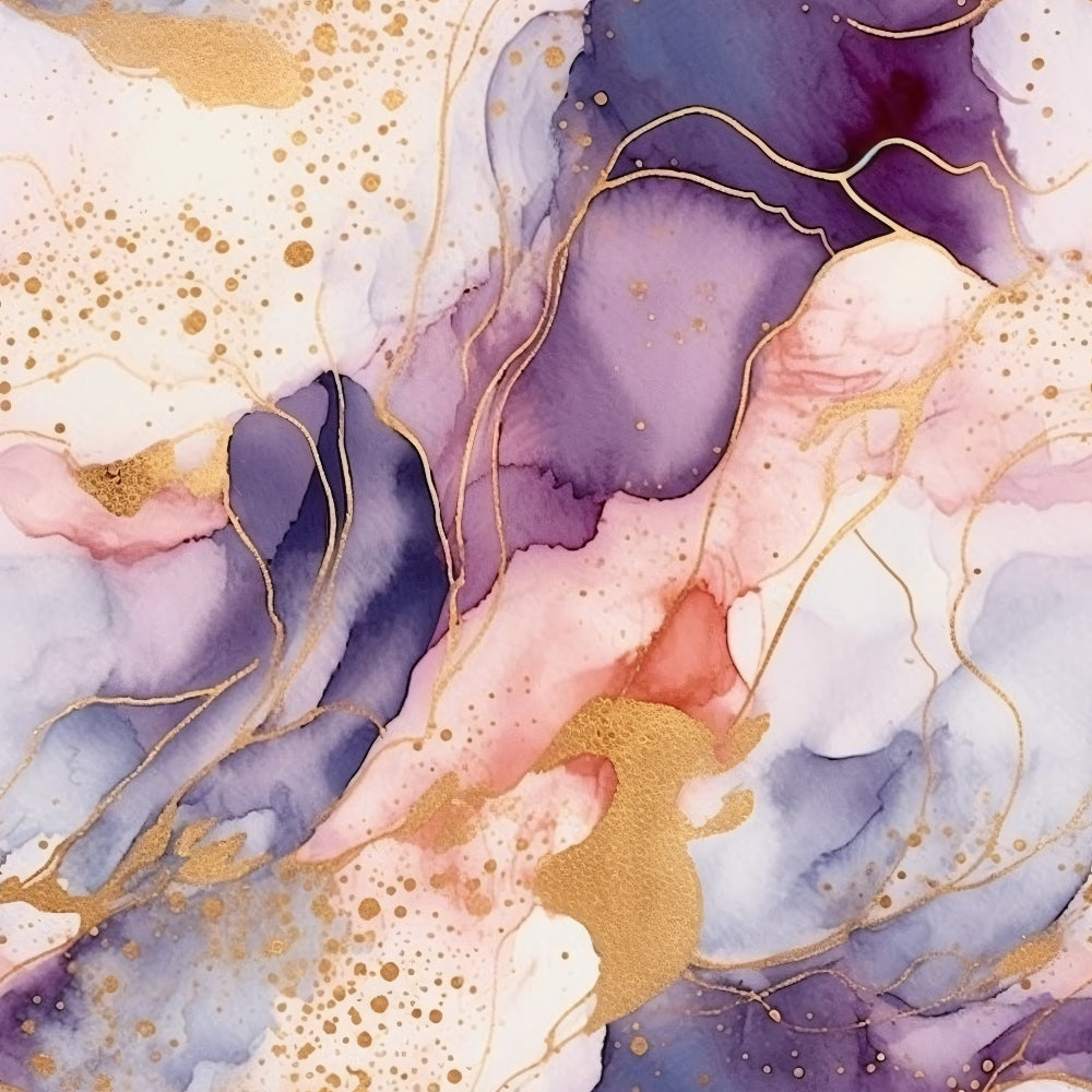 Abstract watercolor pattern with swirls of purple, pink, and gold, featuring splatters and organic lines.