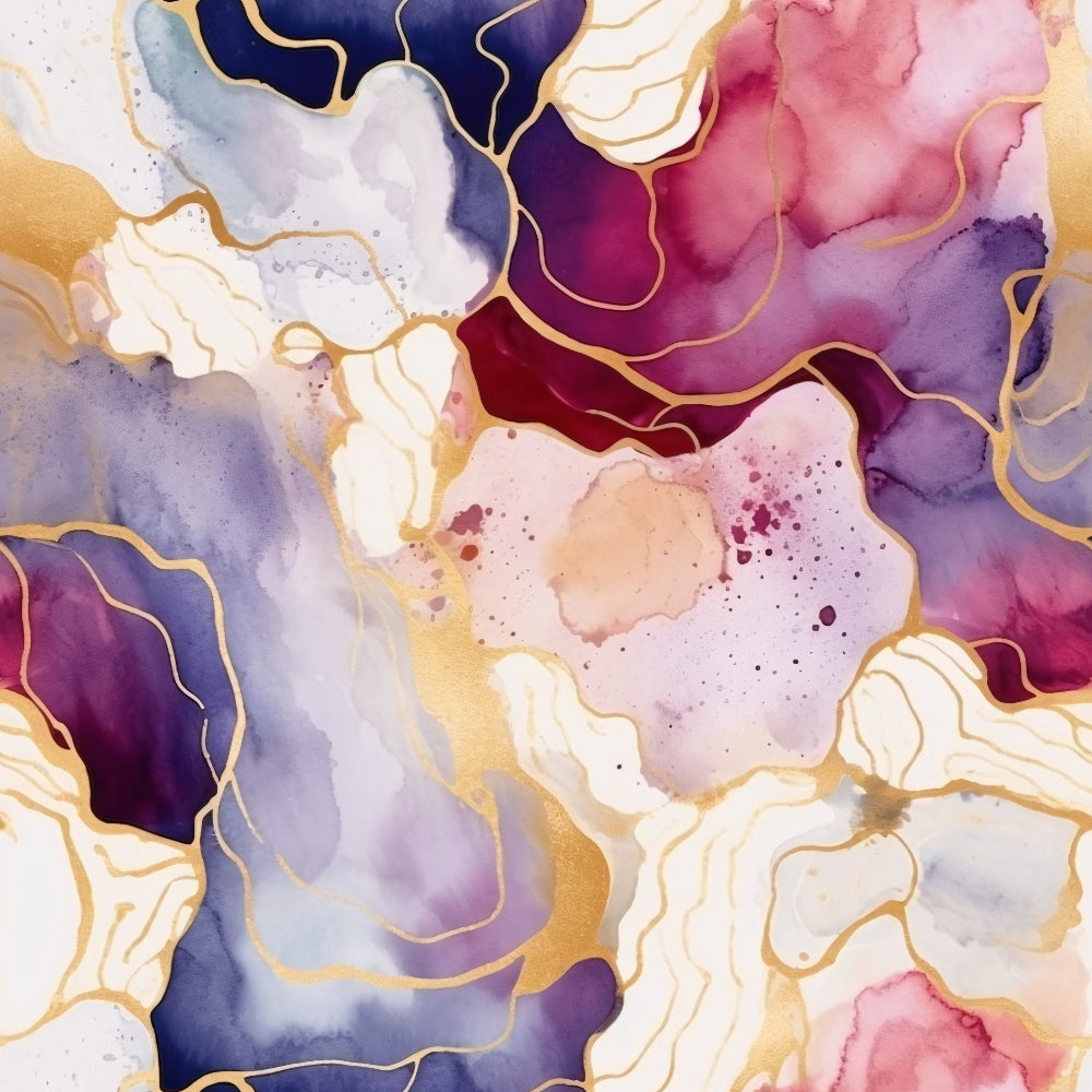 Abstract watercolor art with swirling patterns in gold, blue, pink, and purple hues. Fluid shapes blend harmoniously, accented by gold outlines and splatters.