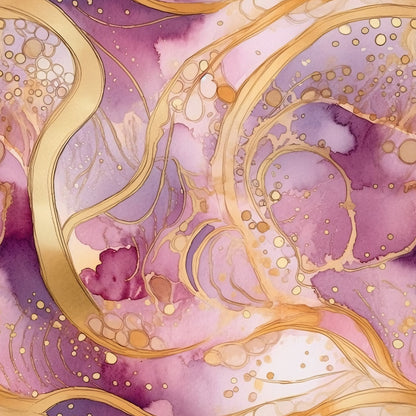 Abstract artwork with swirling gold and purple patterns, featuring splotches and intricate, flowing lines.