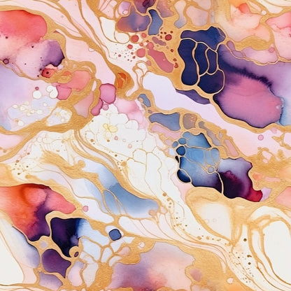 Abstract painting with swirling patterns of pink, purple, blue, and gold. Fluid shapes create a marbled effect.