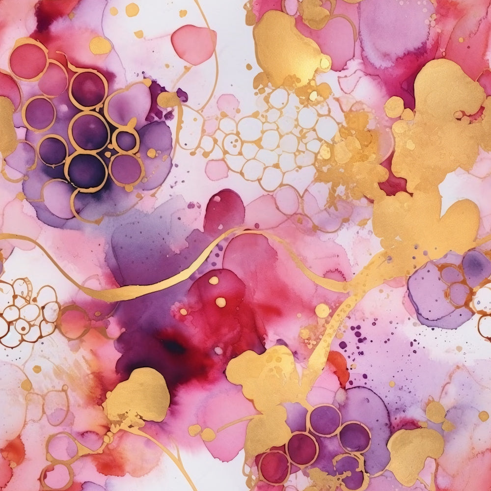 Abstract watercolor art with pink, purple, and gold tones. Features fluid shapes, gold circles, and wavy lines on a white background.