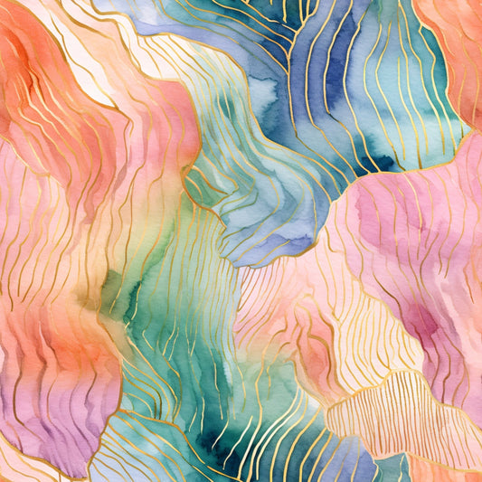 Abstract watercolor artwork with flowing lines in peach, green, blue, and gold tones, creating a textured, wavy pattern.