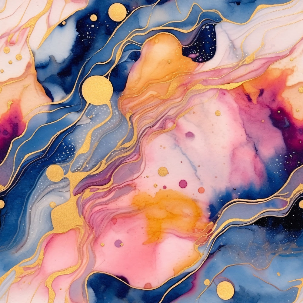 Abstract art featuring swirling patterns of pink, blue, and gold with circular accents and fluid, marbled textures.