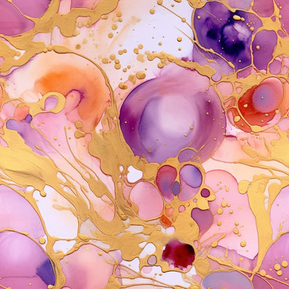 Abstract art with swirling purple, orange, and pink shapes, interspersed with gold splatters and lines on a white background.