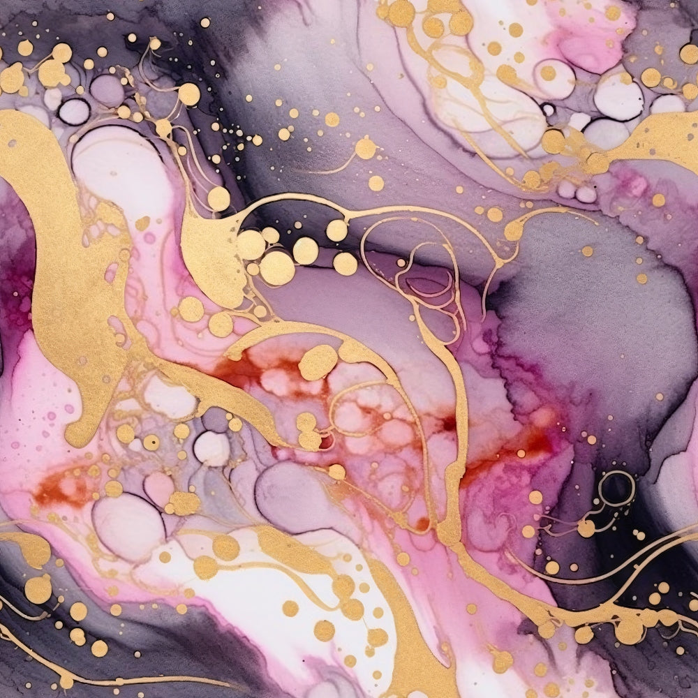 Abstract artwork with swirls of pink, purple, and black, highlighted by gold accents and scattered circular patterns.