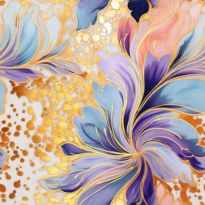 Abstract artwork with swirling shapes in purple, blue, and pink hues, accented by gold and beige patterns.