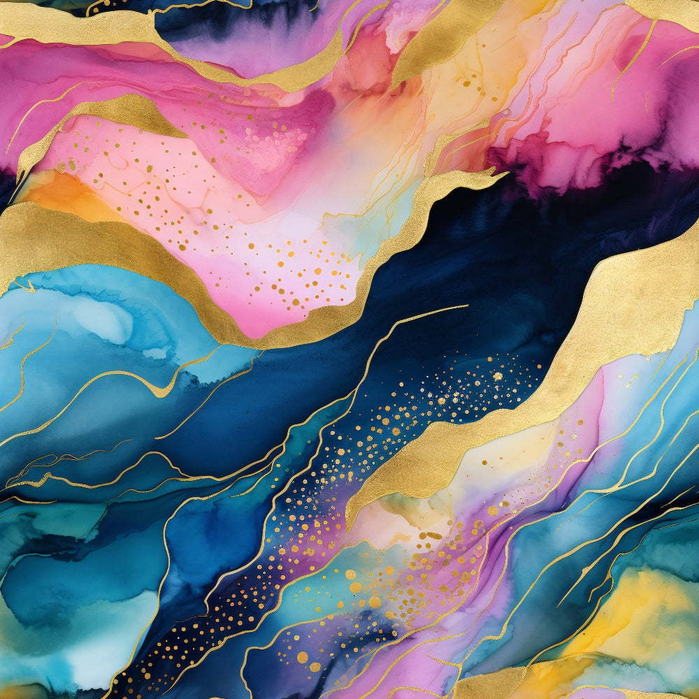 Abstract painting with vibrant swirls of pink, blue, and gold. The composition resembles fluid waves with golden accents and splatters throughout.