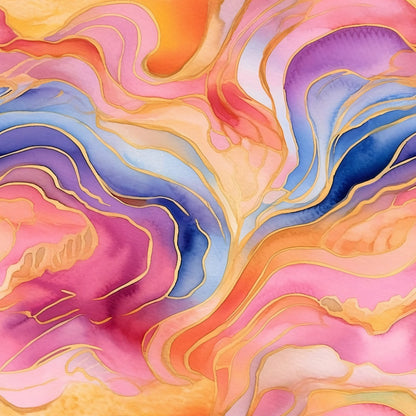 Abstract painting with flowing lines of pink, blue, orange, and yellow. The colors blend smoothly, creating a sense of movement and depth.