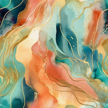 Abstract watercolor painting with flowing shapes in teal, peach, and gold hues, featuring swirling lines and textured patterns.