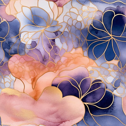 Abstract floral design with overlapping watercolor shapes in blue, purple, and pink hues. Gold outlines accentuate the layered petals and leaves.